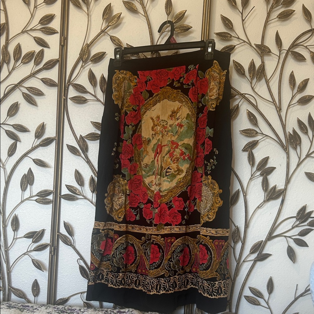 Black Floral Border Midi Skirt with Red Rose Motif